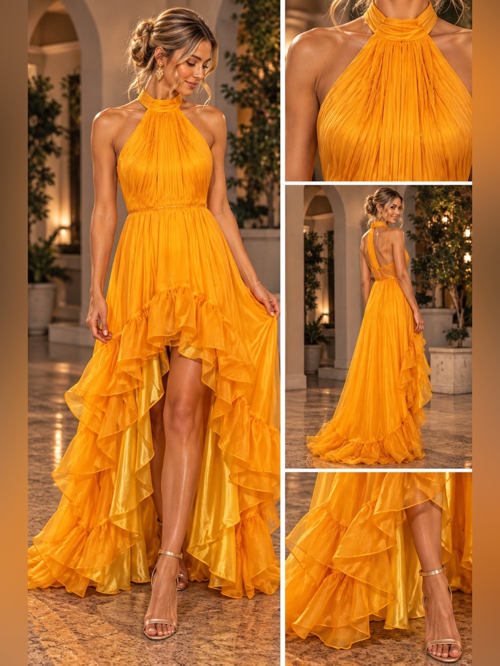 High-Low Halter Ruffle Evening Dress in Bright Yellow